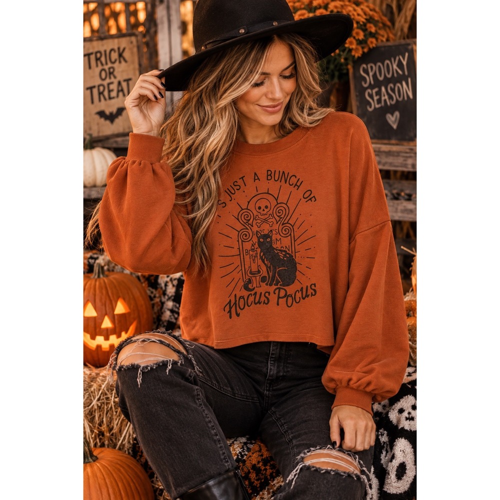 Hocus Pocus Graphic Cropped Sweatshirt Orange Balloon Sleeve Large Halloween